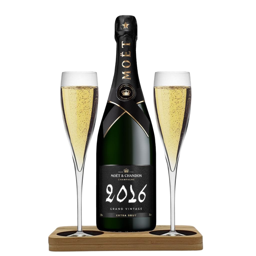 Personalised Moet &amp; Chandon Grand Vintage Hamper Box includes Presentation Stand and 2 Fine Crystal Champagne Flutes