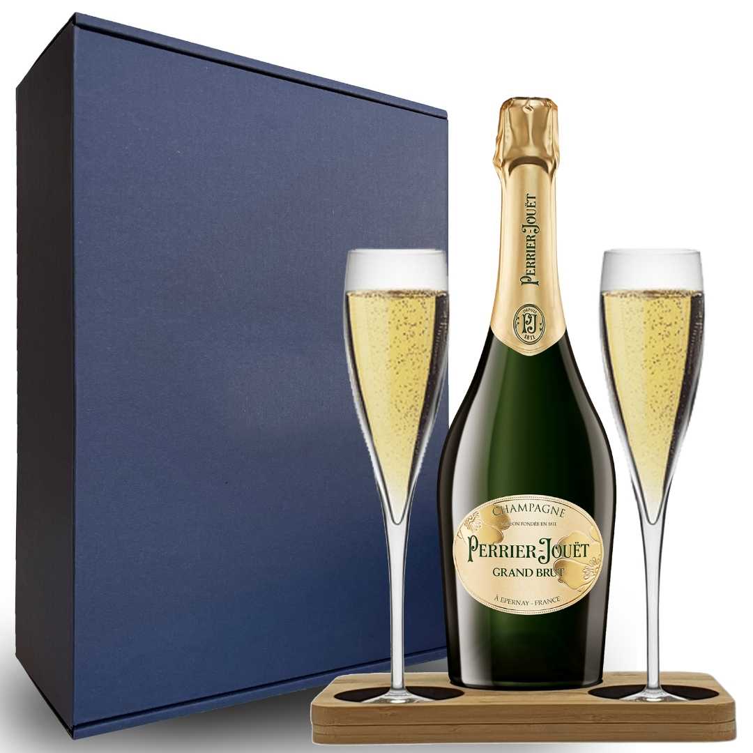 Personalised Perrier Jouet Presentation Stand Gift Hamper Pack Includes 2 Fine Crystal Champagne Flutes