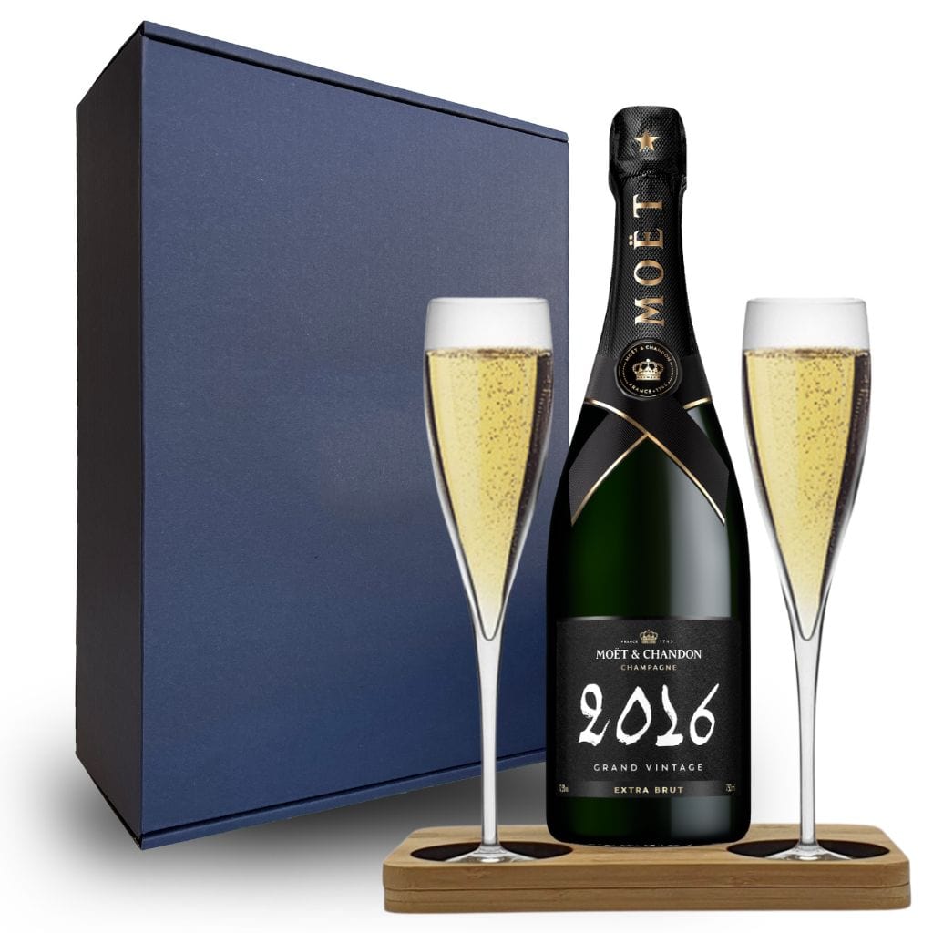 Personalised Moet &amp; Chandon Grand Vintage Hamper Box includes Presentation Stand and 2 Fine Crystal Champagne Flutes