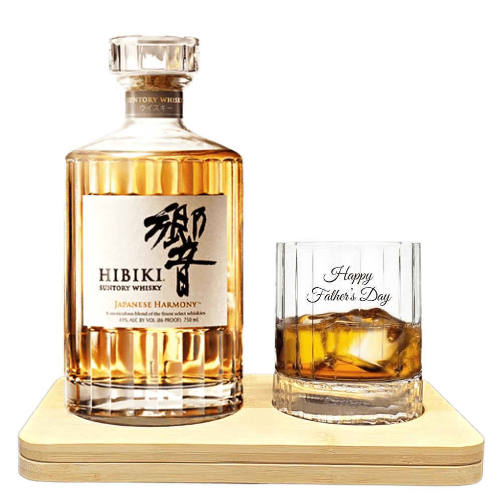 Father's Day Edition Hibiki Japanese Harmony Tasting Gift Set includes Wooden Presentation Stand plus 1 Luigi Bormioli Heavy Whiskey Crystal Glass