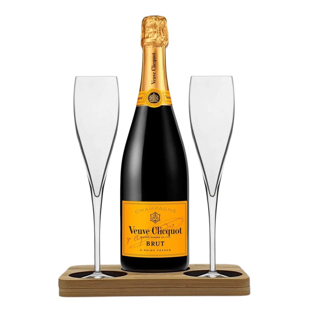 Personalised Veuve Clicquot Yellow Label Gift Hamper Pack - Box includes Presentation Stand and 2 Fine Crystal Champagne Flutes