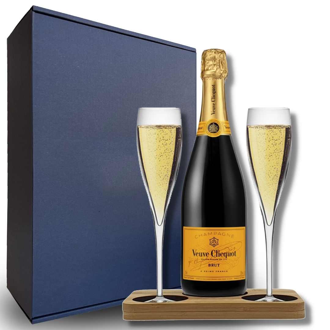 Personalised Veuve Clicquot &amp; Candle Hamper Box includes Presentation Stand and 2 Fine Crystal Champagne Flutes