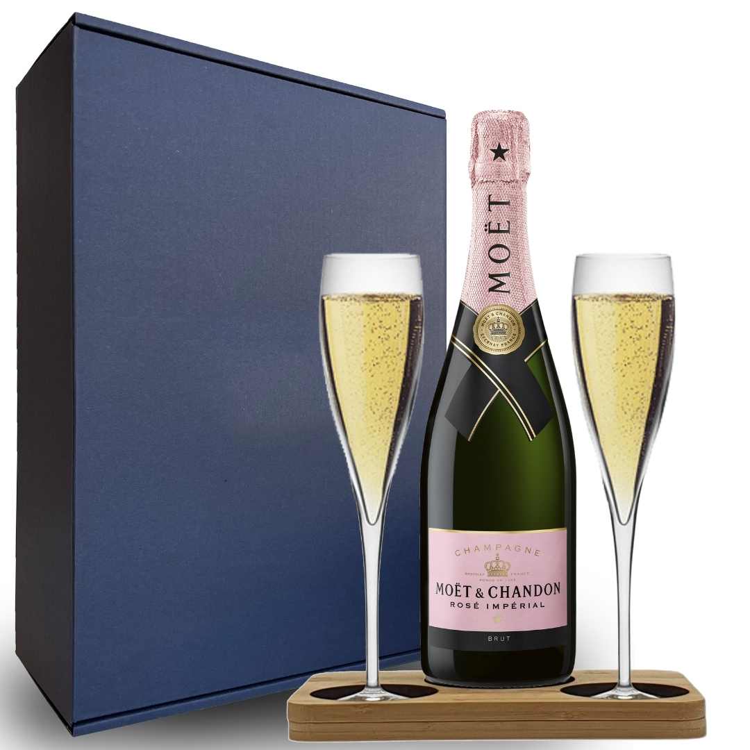 Personalised Moet &amp; Chandon Rose Gift Hamper Pack - Box includes Presentation Stand and 2 Fine Crystal Champagne Flutes