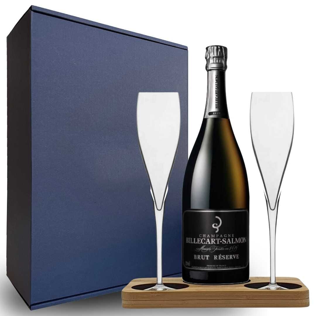 Personalised Billecart Salmon Brut Reserve Champagne Gift Hamper Pack - Box includes Presentation Stand Includes 2 Fine Crystal Champagne Flutes